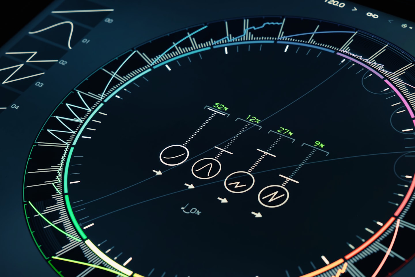Futuristic digital interface showing data visualizations and graphs.